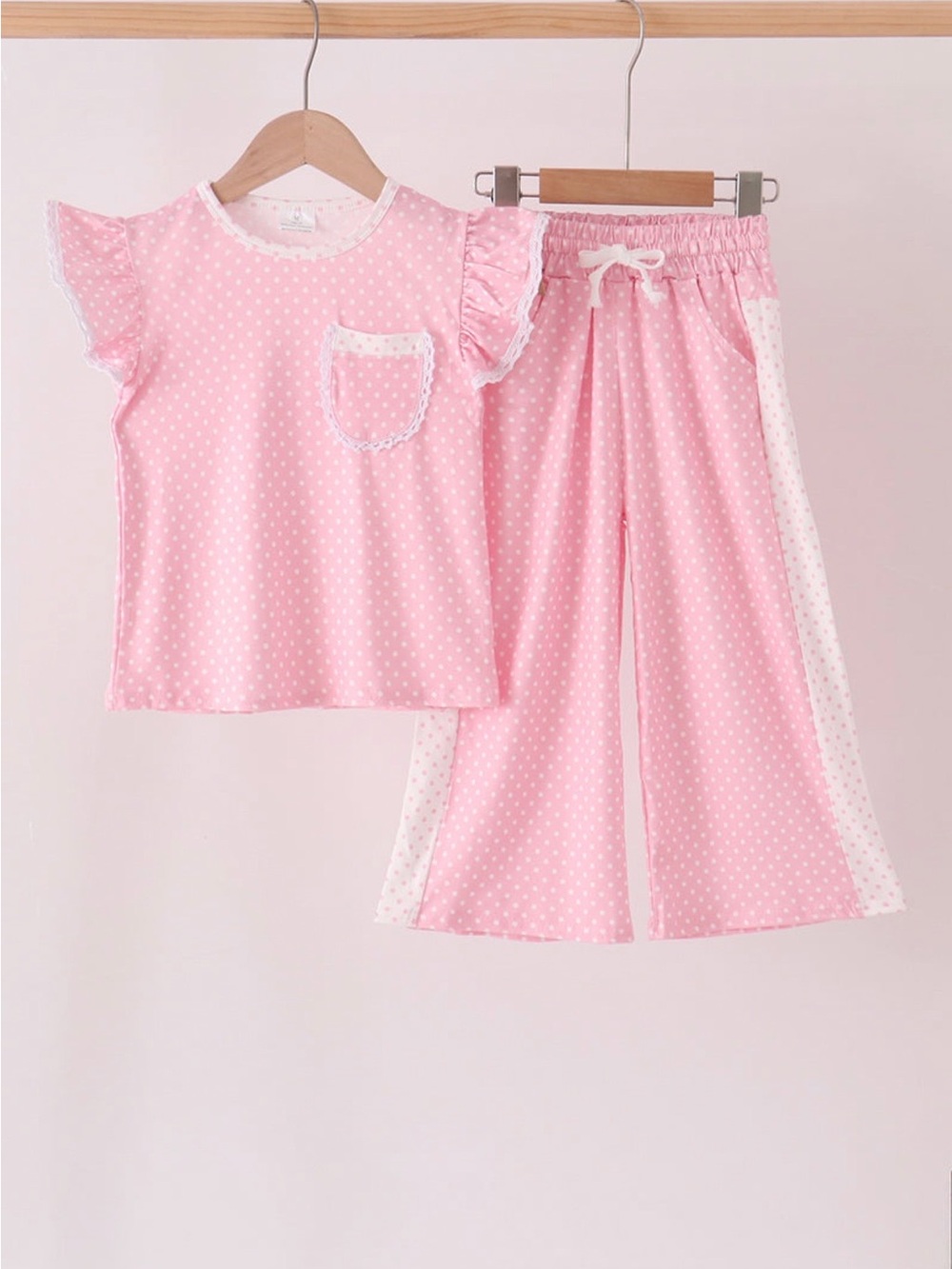 Girls Pink Polka Dot Set with Ruffle Sleeves and Drawstring Pants